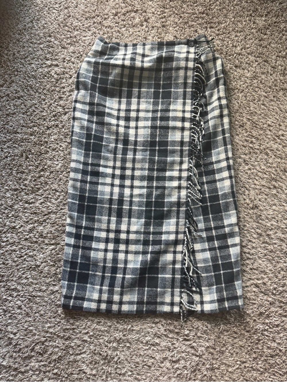 Vintage Real Comfort Wool Blend Plaid Fringed Wrap Midi Skirt Size 14